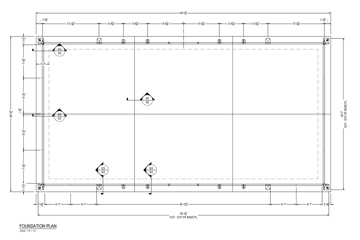 Foundation plan drawing for a panoramic padel court slab, with anchor locations and dimensions