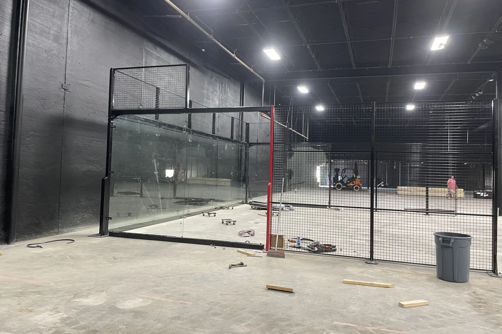 Panoramic padel court being installed indoors in New Orleans, Louisiana
